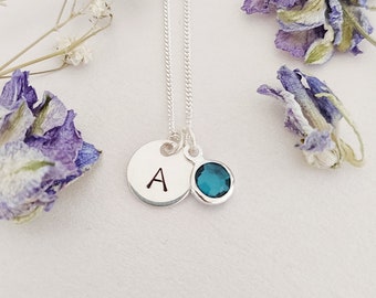 Sterling Silver Initial Birthstone Necklace: Personalized Charm Necklace