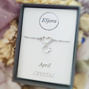 Dainty Birthstone Bracelet: Sterling Silver Heart, Crystal Princess Cut