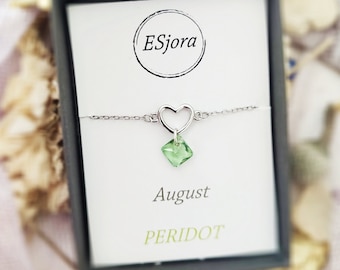 Birthstone bracelet, Personalised gifts, Birthday gift, Gift for her, Heart, Christmas gift, bridesmaid gift, August, peridot, couples gift