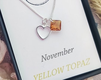 Personalized Birthstone Necklace: Sterling Silver Heart Pendant, Princess Cut Crystal