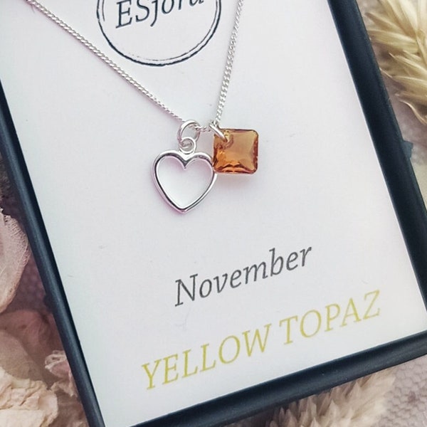 Princess cut birthstone crystal, Personalised necklace, silver heart pendant, gifts for her, couple gift, birthday gift, Christmas, November