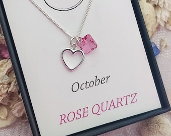 Birthstone Necklace: Sterling Silver Heart Charm, Crystal Pendant