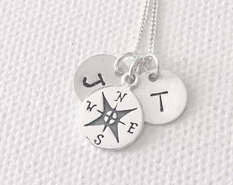 compass necklace, Silver initial necklace, personalized jewelry, gifts for her, couples gift, gift for him, couples necklace ,gift for mum