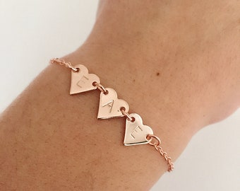 Triple initials bracelet, personalised bracelet, gift for mum, birthday gift, heart, Christmas gifts, rose gold bracelet, family bracelet