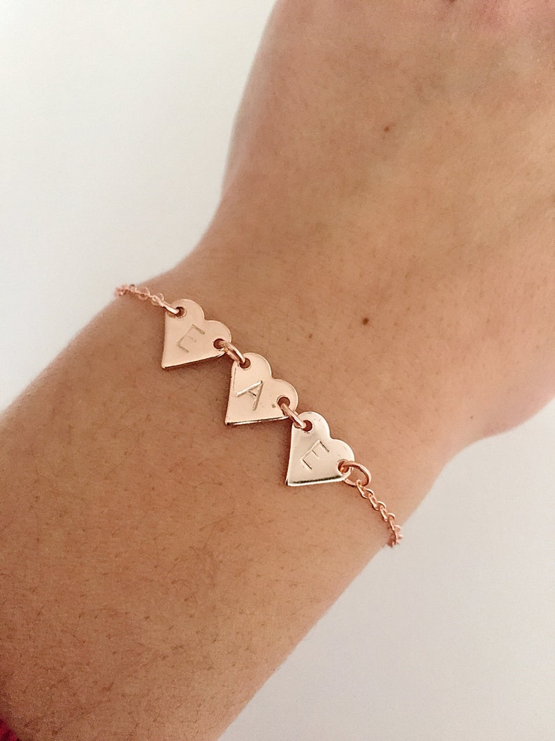 Triple initials bracelet, personalised bracelet, gift for mum, birthday gift, heart, Christmas gifts, rose gold bracelet, family bracelet image 1