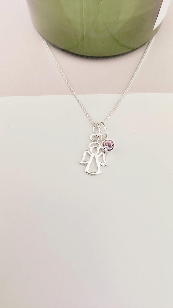 Sterling Silver Angel Charm Necklace: Guardian Angel, Birthstone pendant, Birthday gifts for her