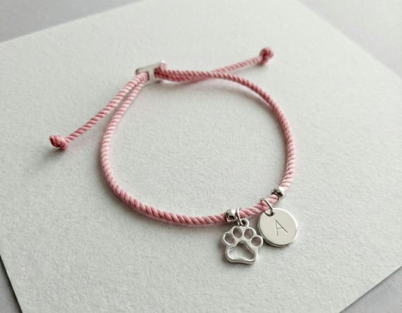 Personalised Pet Bracelet Paw Print Initial Custom Dog Cat Gift Adjustable Cord Jewellery