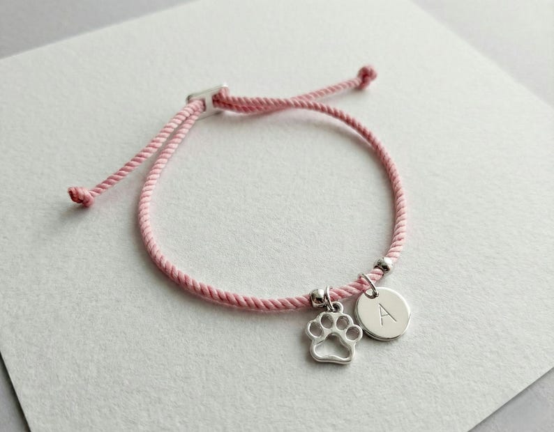Personalised Pet Bracelet Paw Print Initial Custom Dog Cat Gift Adjustable Cord Jewellery image 1