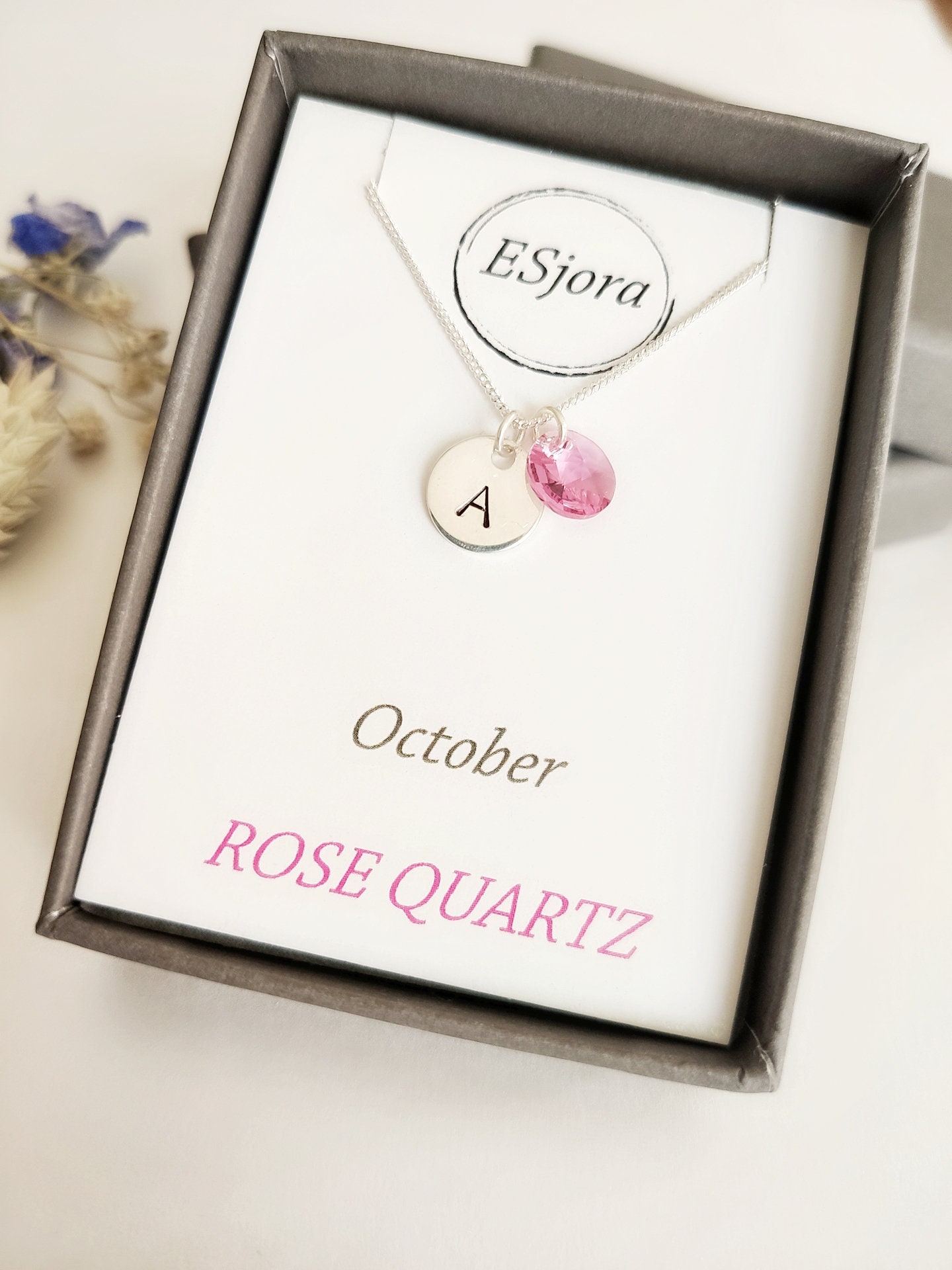Sterling Silver Initial Necklace: Crystal Birthstone Pendant