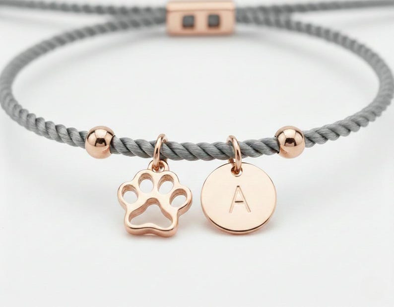 Personalised Pet Bracelet Paw Print Initial Custom Dog Cat Gift Adjustable Cord Jewellery image 3