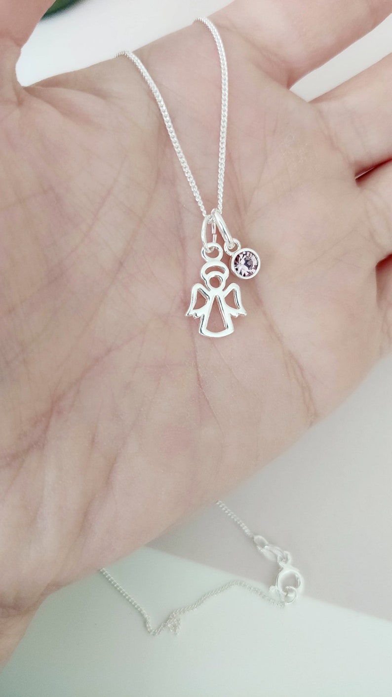 Sterling Silver Angel Charm Necklace: Guardian Angel, Birthstone pendant, Birthday gifts for her image 3