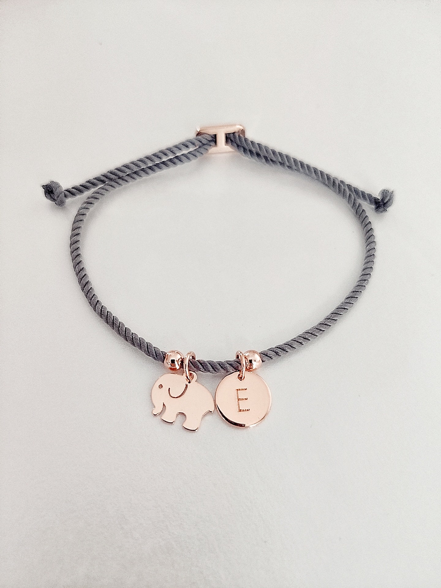 Elephant Charm Bracelet: Personalized Initial Disc, Adjustable Cord