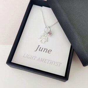 Sterling Silver Angel Charm Necklace: Guardian Angel, Birthstone pendant, Birthday gifts for her image 2