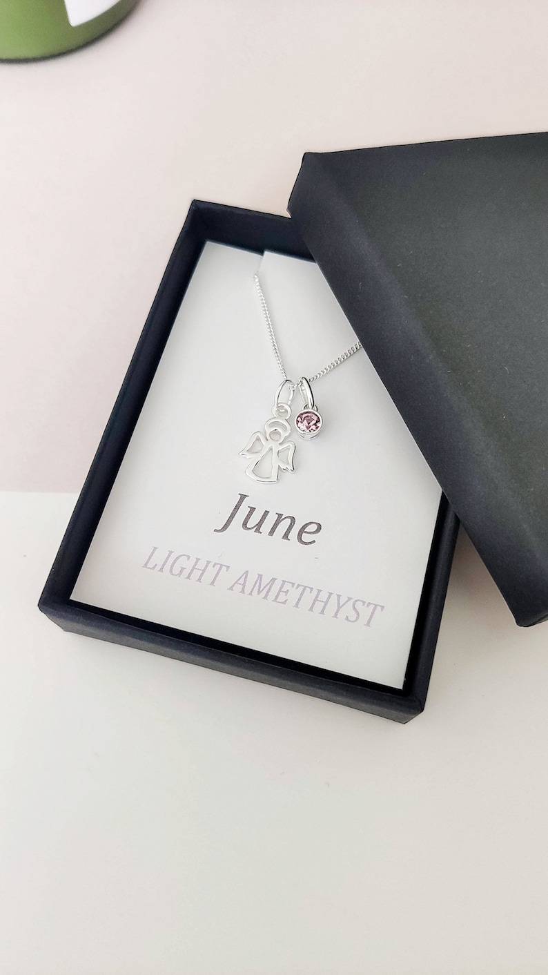Sterling Silver Angel Charm Necklace: Guardian Angel, Birthstone pendant, Birthday gifts for her image 2