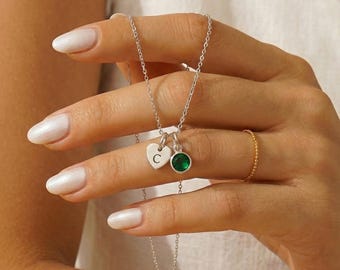 Personalized Sterling Silver Heart Necklace, Initial & Birthstone Charm, Valentine's gift, Birthday gifts for her
