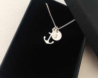 Sterling silver, anchor charm necklace, initial necklace, personalized jewelry, Sea lovers gift, nautical gift, Christmas gift, gift for her