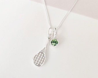 Birthstone necklace, tennis racket charm, personalised gift, birthday gift, sport lovers, daughter gift, tennis lovers gift, gifts for her