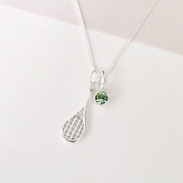 Birthstone necklace, tennis racket charm, personalised gift, birthday gift, sport lovers, daughter gift, tennis lovers gift, gifts for her