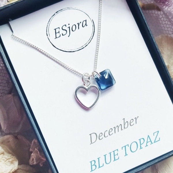 Princess cut birthstone crystal, Personalised necklace, gift for her, Couple gift, silver heart pendant, Christmas gift, December birthstone