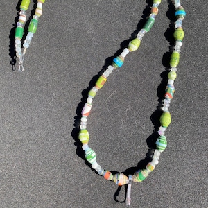 Green paper bead lanyard with white and clear glass accent beads