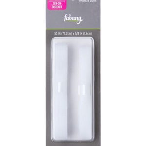 May include: White fabric hook and loop fastener, 30 inches (76.2cm) long, packaged in a clear plastic container. The package includes the text "FABRIC SEW-ON FASTENER" and "HOOK & LOOP". The brand name "fabany" is also visible.