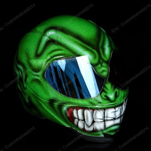 Custom helmet, Custom motorcycle helmet, Superbike helmet, Motorbike Helmet, Bike helmet, Crash Helmet, Hand painted Green Devil MO87