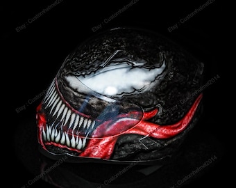 Casco de moto con diseño de simbionte alienígena pintado a mano, casco integral inspirado en Venom, regalo para moteros con temática de monstruos aterradores MO24