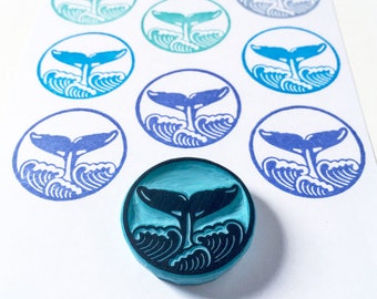 Whale Tail and Waves hand carved rubber stamp, handmade by cassastamps