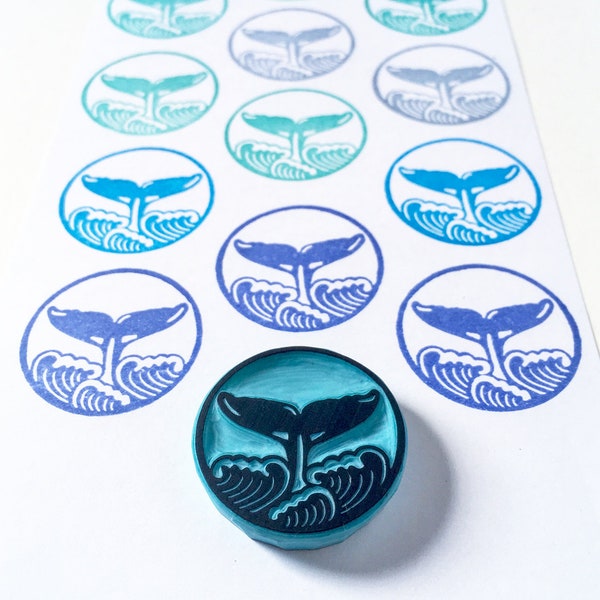 Whale Tail and Waves hand carved rubber stamp, handmade by cassastamps