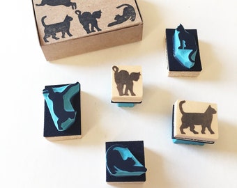 Hand Carved Cat Rubber Stamps, Silhouette Set of 5