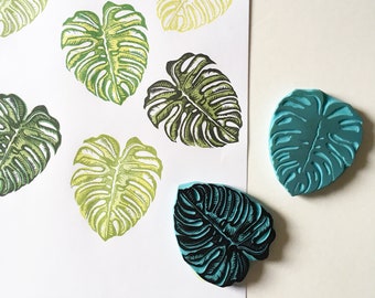 Monstera leaf rubber stamp, hand carved rubber stamps of a two color set Monstera.