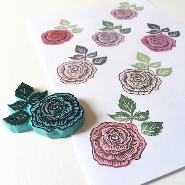 Rose rubber stamp, hand carved rubber stamp of a rose flower with leaf, handmade by cassastamps