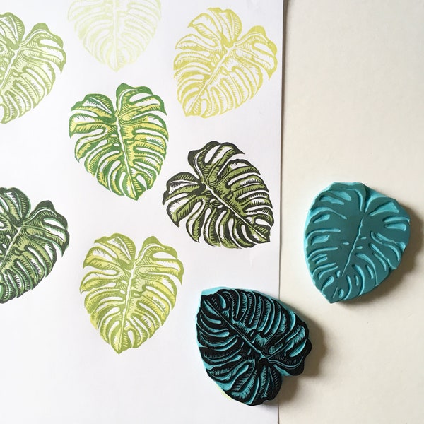 Hand Carved Monstera Leaf Rubber Stamp: Two-Color Set