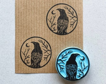 Raven medallion hand carved rubber stamp with a crescent moon and tree