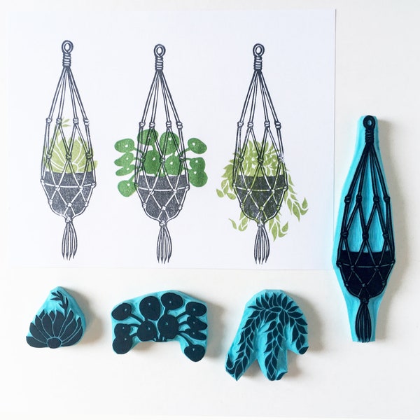Rubber Stamps of a Macrame Plant Hanger and plants, individual plants or set. Hand carved stamps. Cassastamps