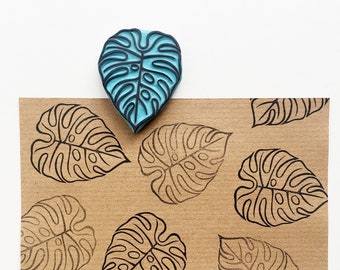 Monstera leaf rubber stamp, outlined monstera hand carved rubber stamp for tropical stamping