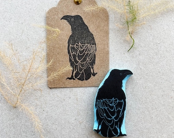 Raven rubber stamp, hand carved black crow bird stamp