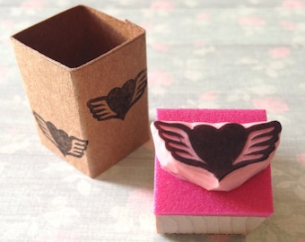 Winged heart stamp, mini stamp, hand carved, Valentine's decor, DIY Valentine idea, heart rubber stamp