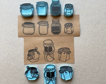 Glass jar container stamps,  hand carved jar stamps