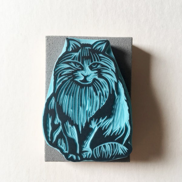 Cat rubber stamp, hand carved rubber stamp of a hairy cat, cassastamps