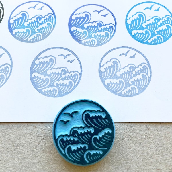 Hand Carved Waves Rubber Stamp: Summer Medallion Stamp