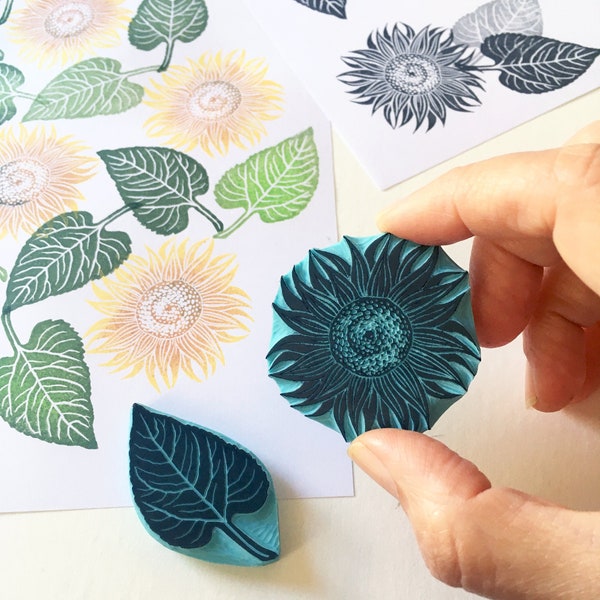 Sunflower rubber stamp, hand carved stamp, Sunflower and leaf, Floral stamping, Spring