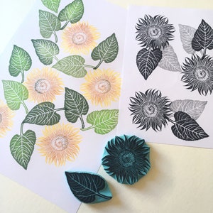 Sello de goma de girasol, sello tallado a mano, girasol y hoja, estampado floral, primavera
