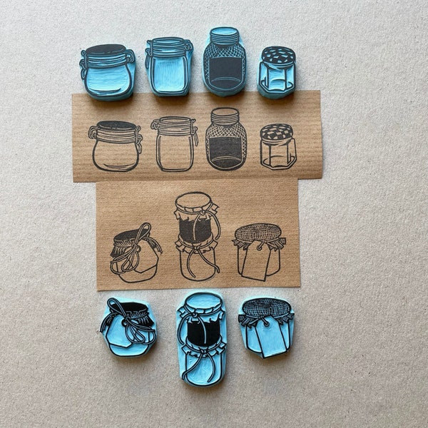 Glass jar container stamps,  hand carved jar stamps