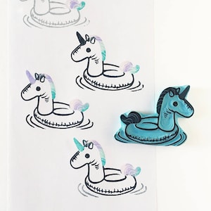 Unicorn pool float, rubber stamp, hand carved stamp, unicorn love image 1