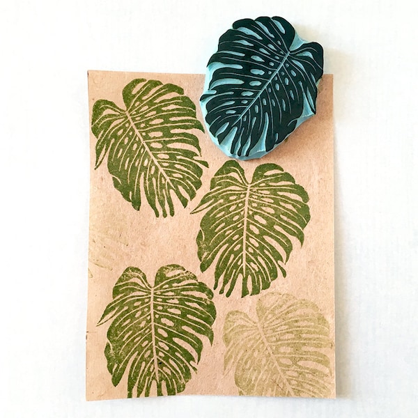 Monstera Leaf,  rubber stamp, tropical leaf, hand carved stamp