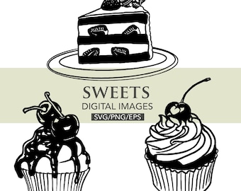 Imagens digitais de cupcakes e bolo de morango, arquivos svg png eps para download instantâneo