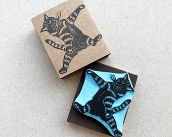 Cat rubber stamp, flying cat hand carved rubber stamp for cat lovers gift, pet stamp