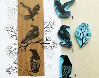 Raven and tree branch rubber stamps, individual stamps or set
