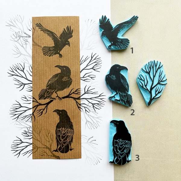 Raven and tree branch rubber stamps, individual stamps or set